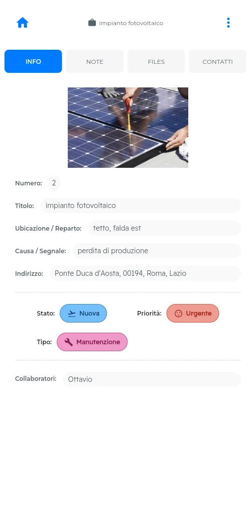 Scheda di un lavoro: foto, numero, titolo, ubicazione, causa, indirizzo, stato, priorità, tipo e collaboratori