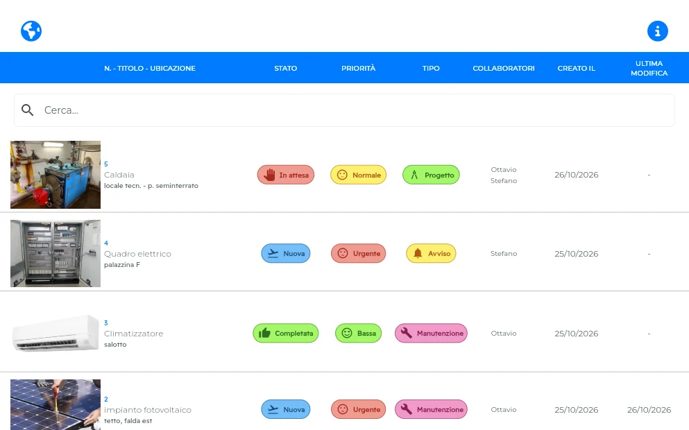 Elenco dei lavori nella web app